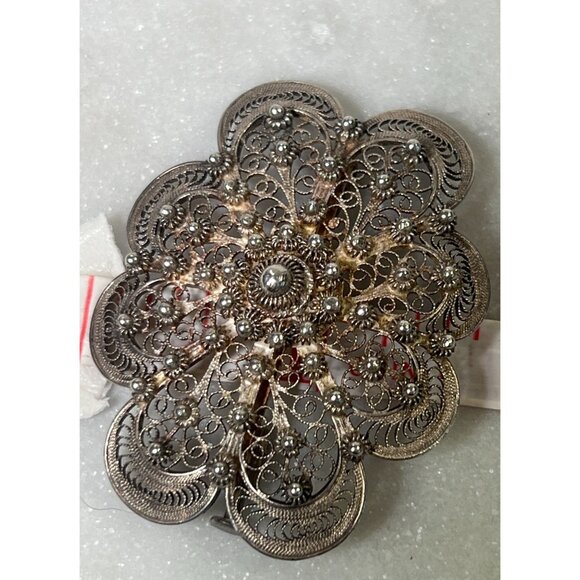 Antique 800 Silver Domed Brooch Genova Italy Filigree Etruscan Revival Scroll - Picture 6 of 10